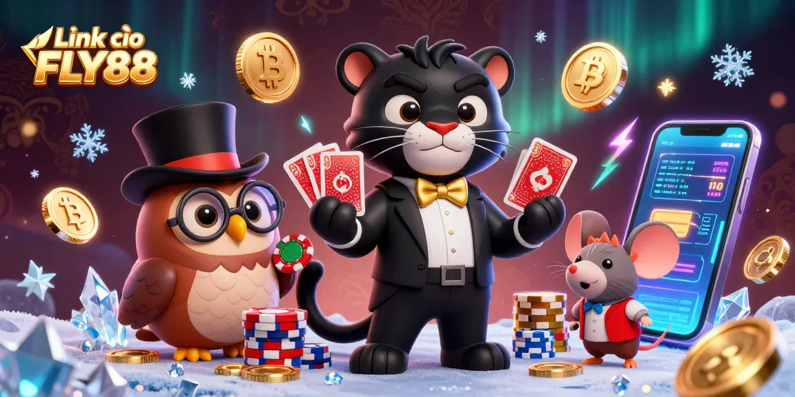 Engage with Link vào FLY88 in this vibrant 3D casino scene featuring dynamic characters and crypto elements.