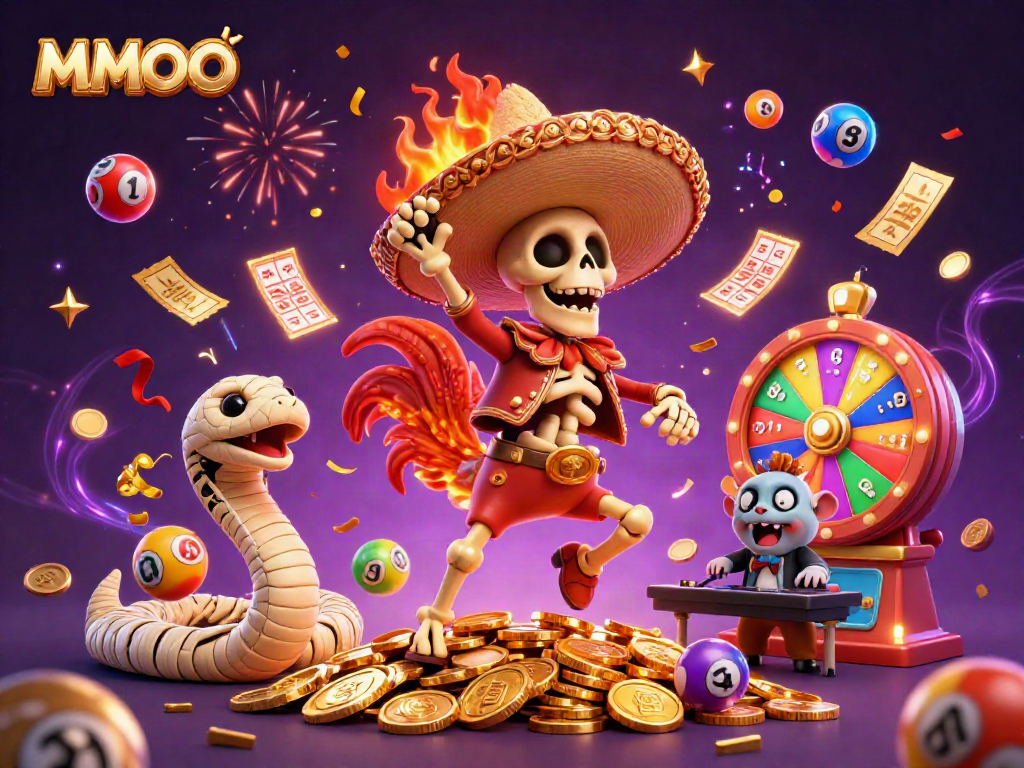 MMOO embodies winnings as the mariachi rooster dances on coins surrounded by colorful lottery elements.