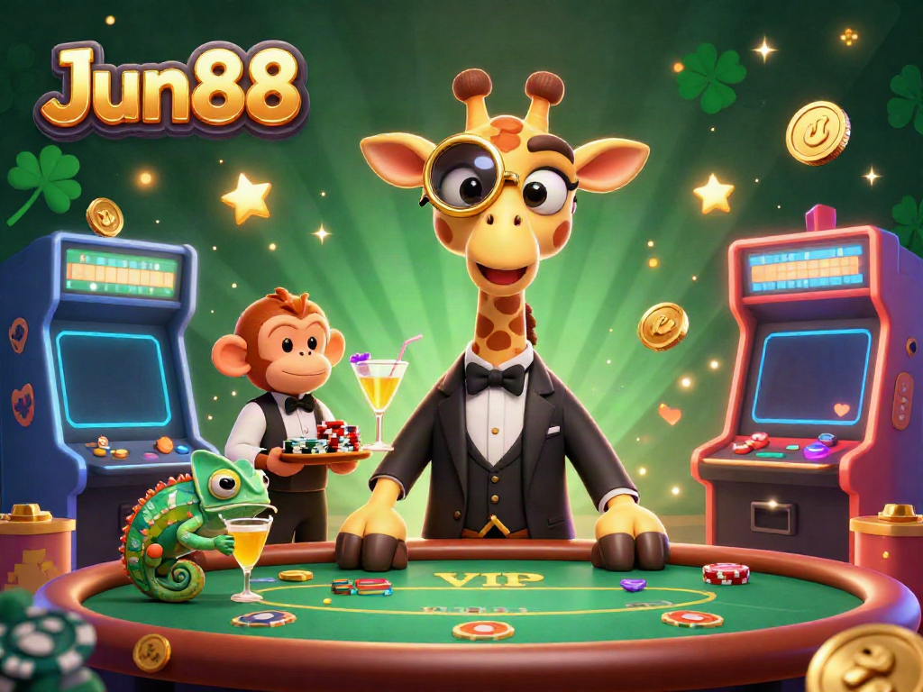 Experience the vibrant atmosphere of Jun88 with an animated giraffe and gaming characters in a luxury casino.