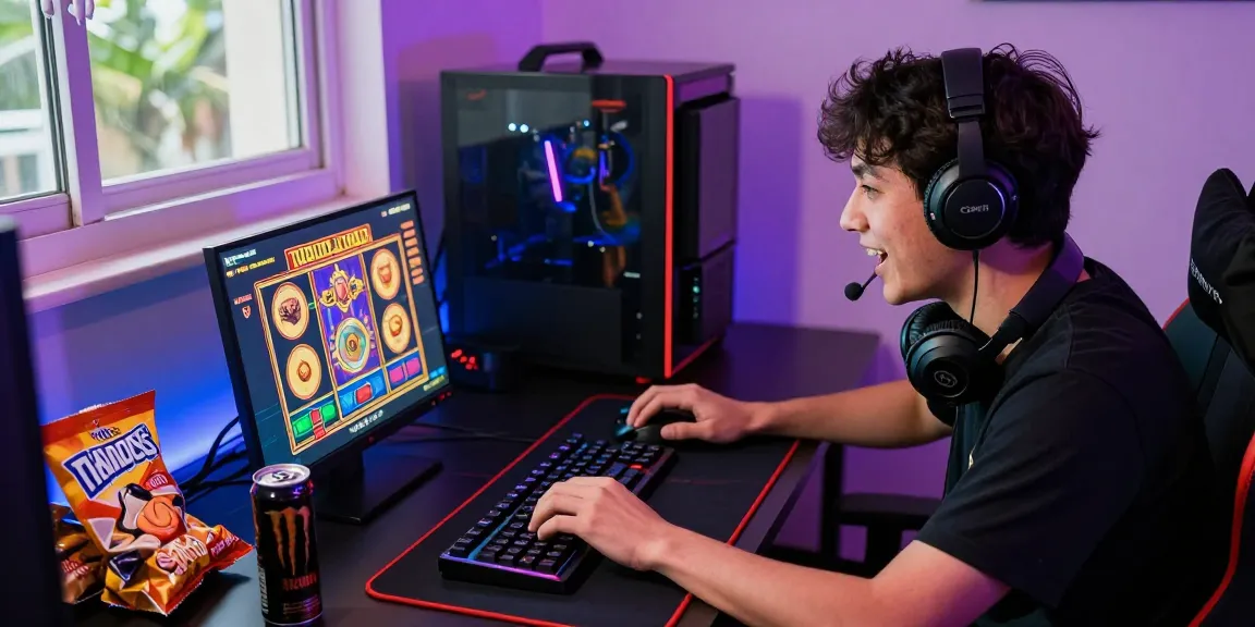 Engaged player enjoying judi slot games at a vibrant home gaming setup.