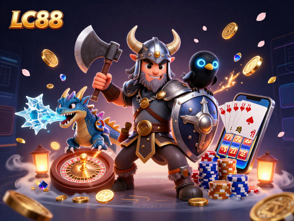 Experience the thrill of gambling at LC88 with vibrant characters and dynamic casino elements.