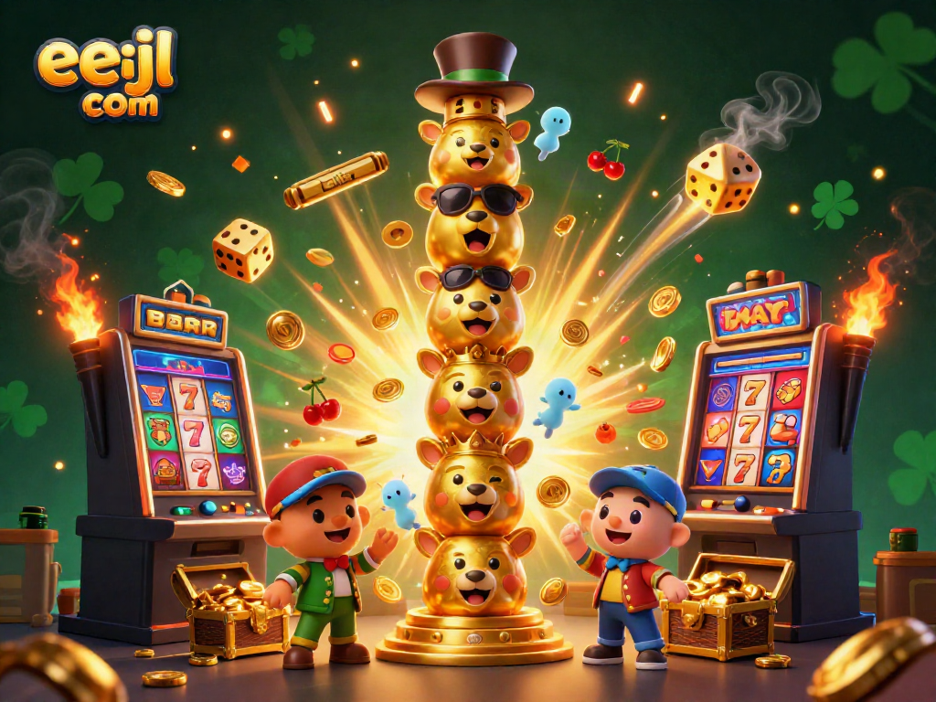 Engage with eejl com's exciting slots illustrated by dynamic casino-themed 3D art full of winning symbols.