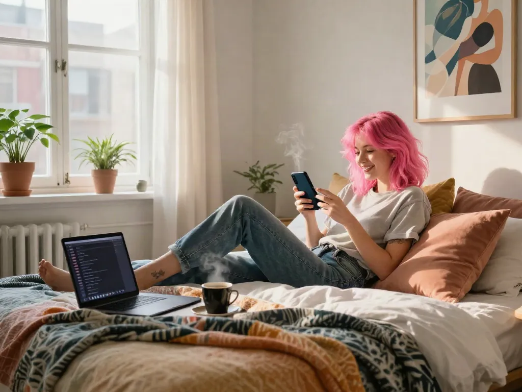 Woman enjoying ai sexting in a cozy urban bedroom with vibrant decor.