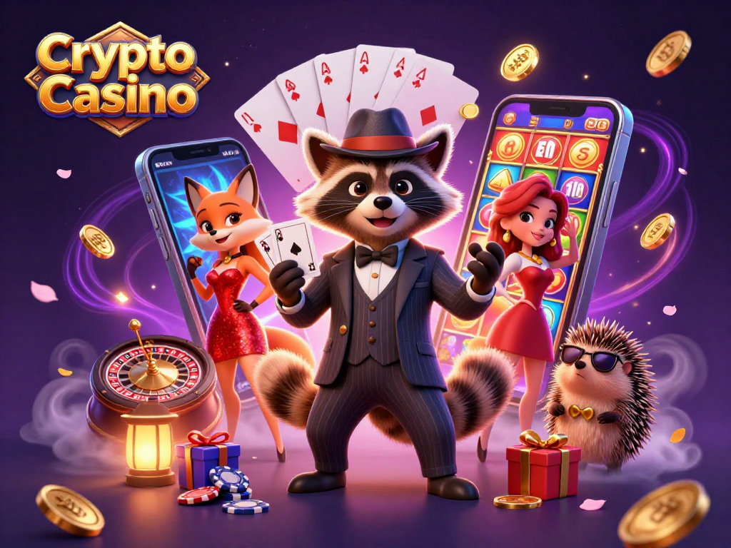 Engage in a thrilling Crypto Casino experience with cartoon characters and dynamic gaming elements.