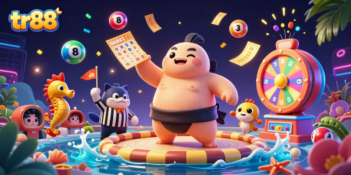 Win big at tr88 with colorful lottery balls and exciting games in this vibrant casino illustration.