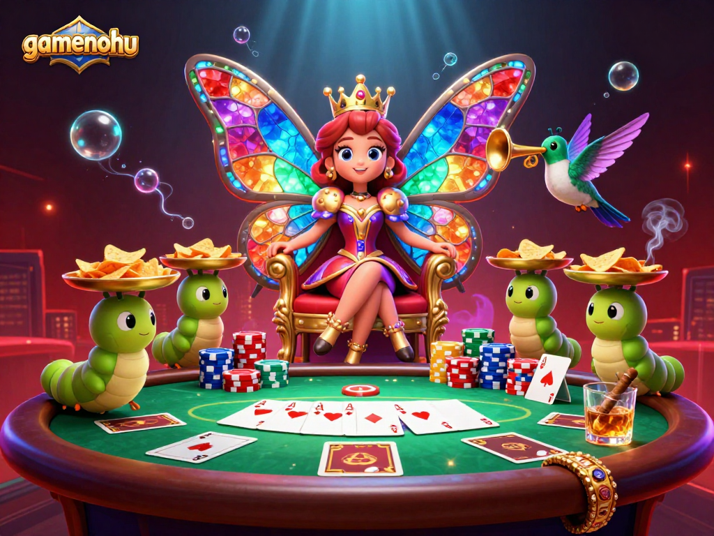 Experience the vibrant scene of gamenohu with a butterfly queen amidst poker chips and cards, showcasing casino action.