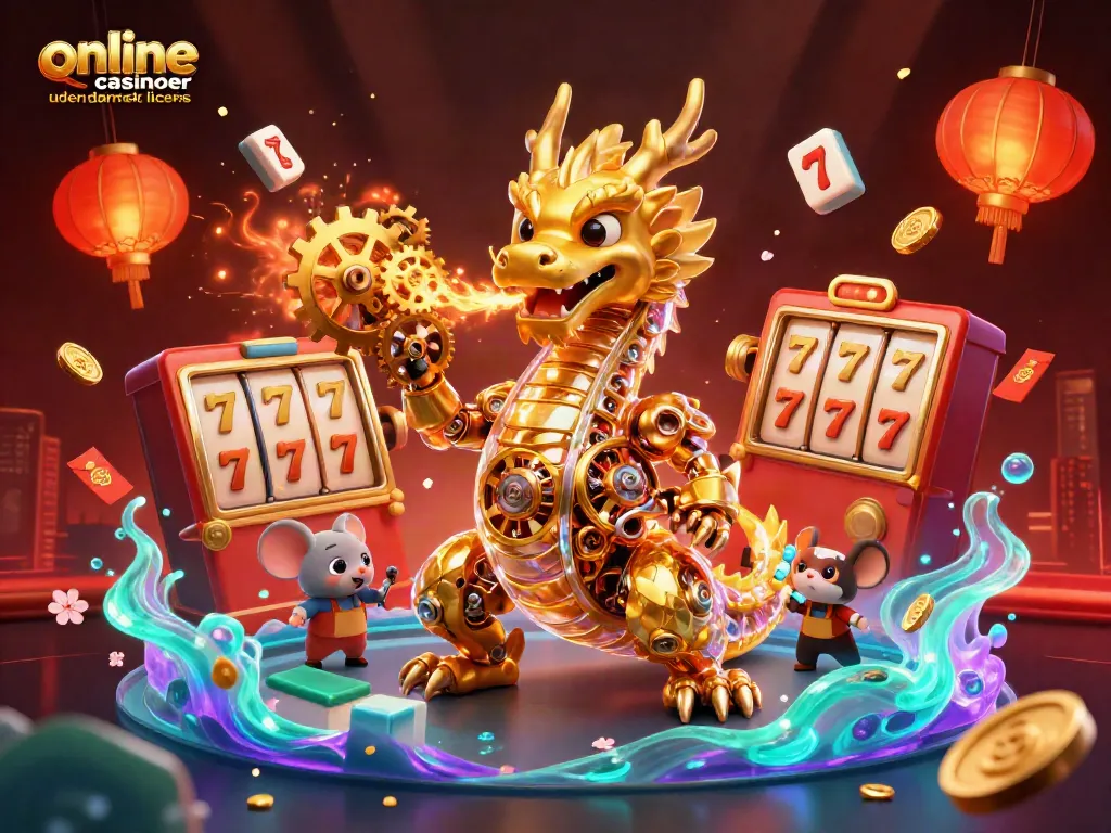 Engage with online casinoer uden dansk licens through a fantasy scene featuring a golden dragon and vibrant game elements.