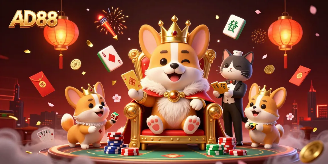 Engage with AD88's vibrant 3D poker scene featuring a royal corgi on a throne of chips.