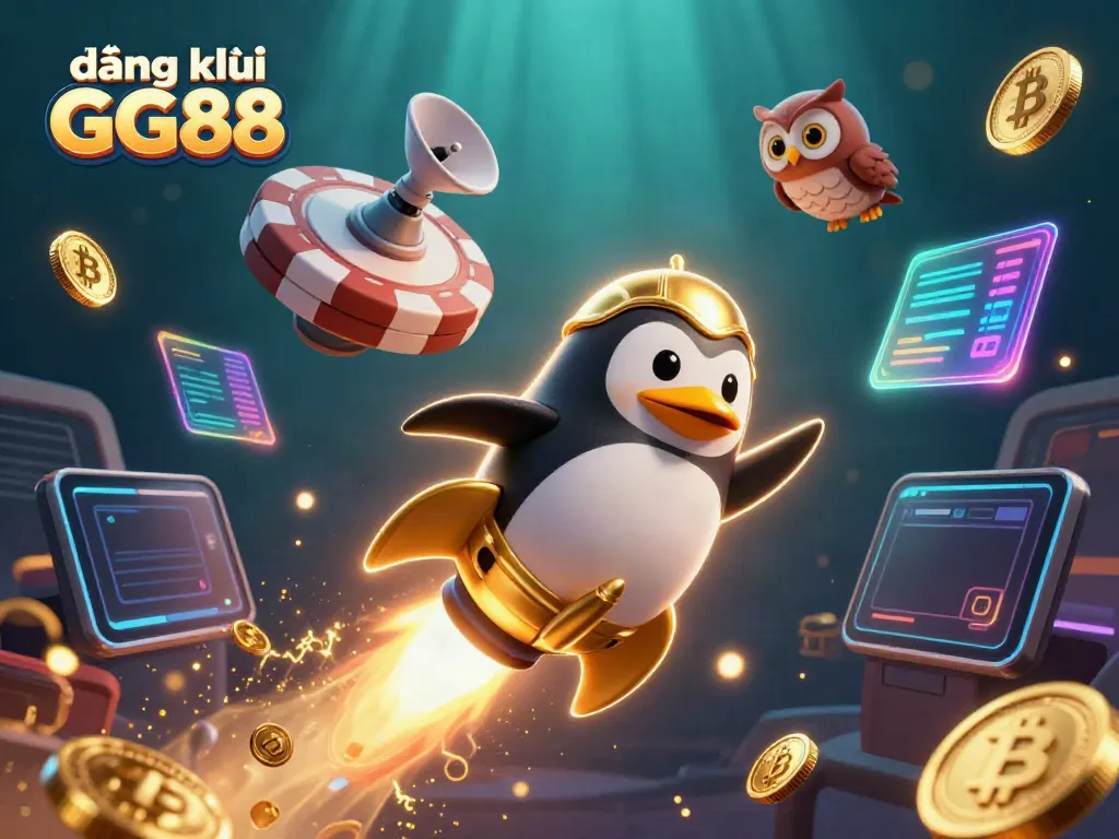 Join the action with đăng ký GG88 as the golden penguin launches towards a casino, overwhelmed by crypto excitement.