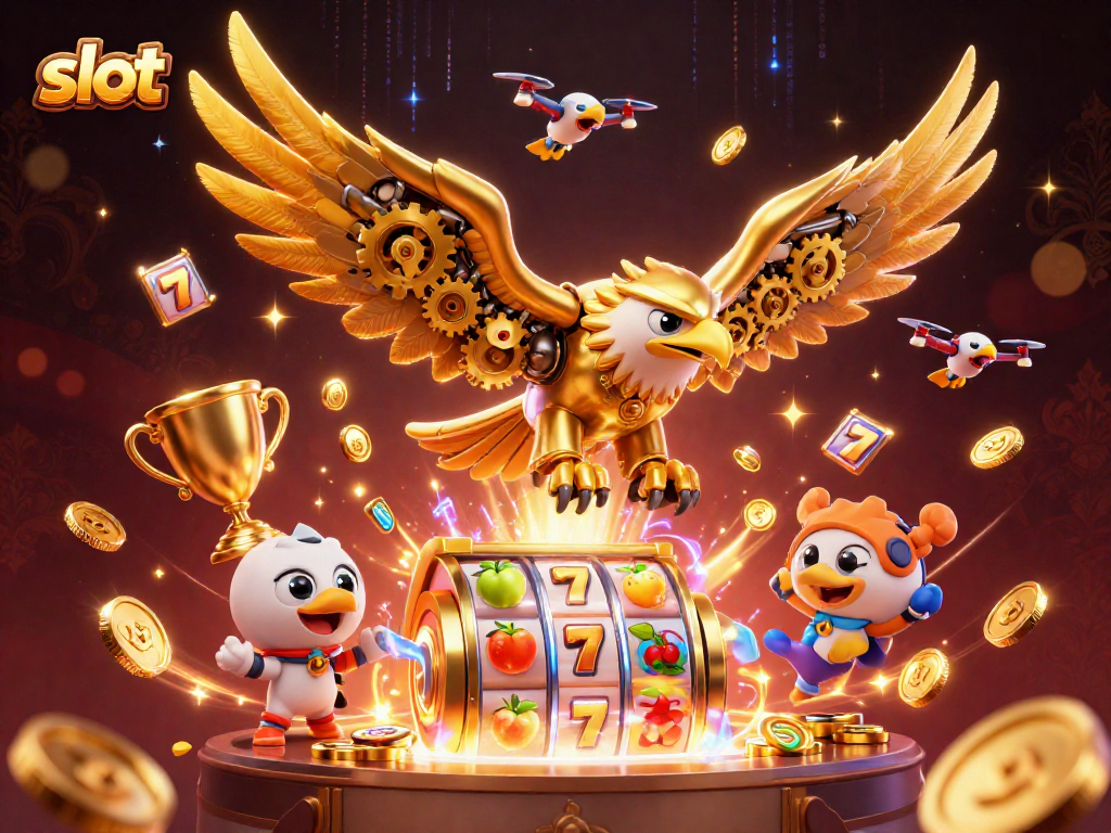 Spin the slot reels with dynamic gameplay, featuring a cybernetic eagle amid vibrant casino elements.