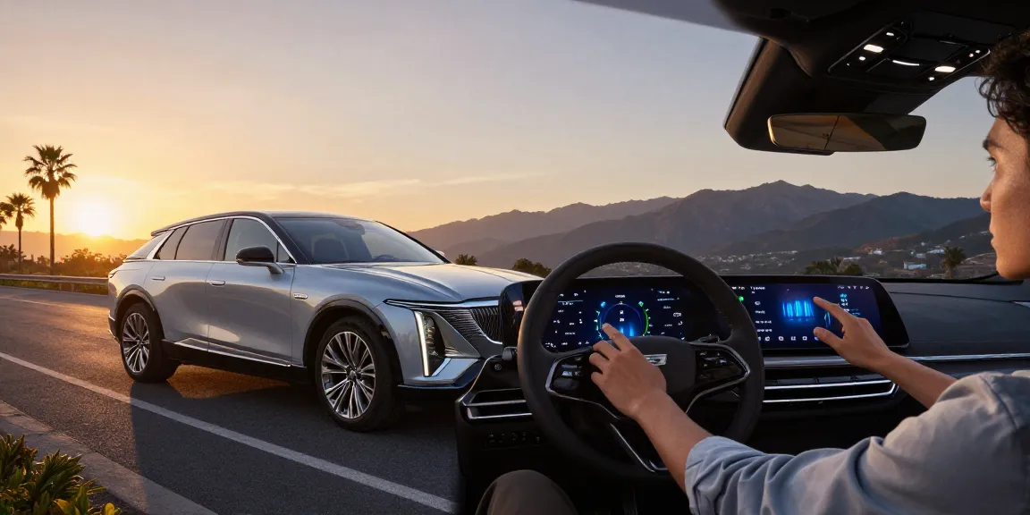 Driver in a Cadillac Lyriq assessing how driving modes affect battery usage and range.