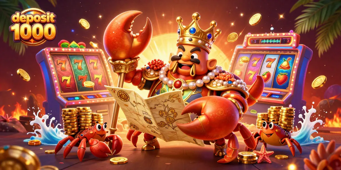 Engage with deposit 1000 gameplay in a vibrant casino scene featuring a golden crab emperor and colorful slot machines.