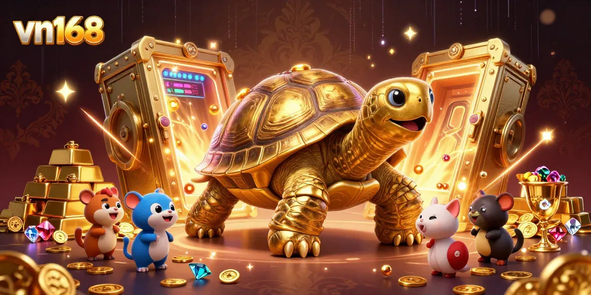 Win big with vn168's vibrant 3D casino experience featuring golden treasures and playful elements.