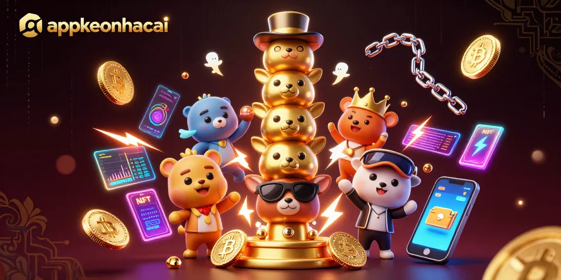 appkeonhacai enhances cryptocurrency gaming with vibrant 3D totem and energetic elements.