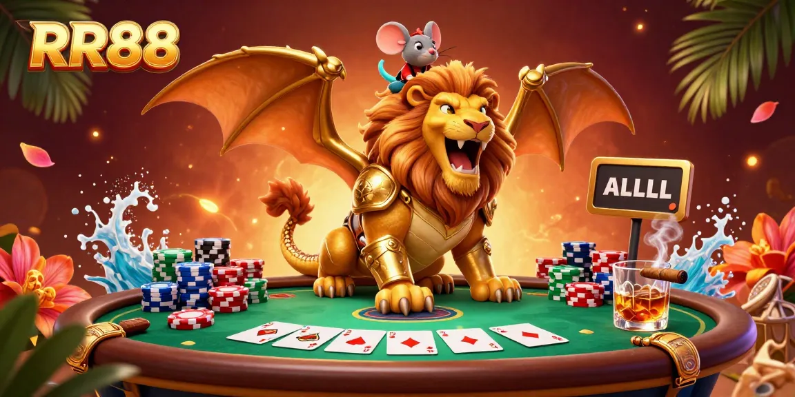 Experience RR88 with a roaring chimera and poker elements in this vibrant casino illustration.