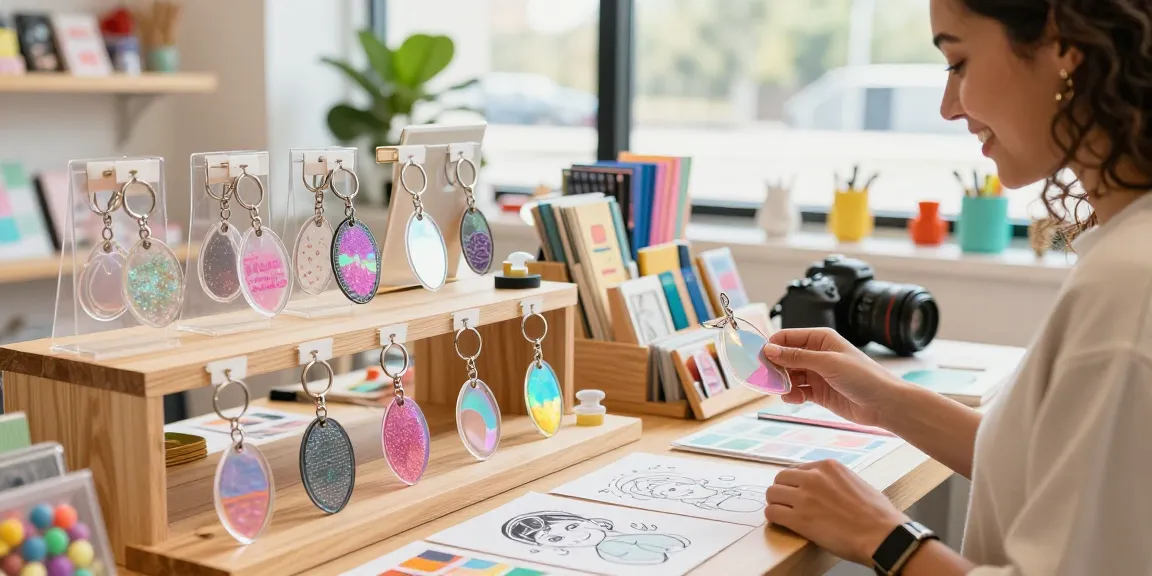 Explore custom keychains in an inviting e-commerce setting with diverse designs and happy customers.