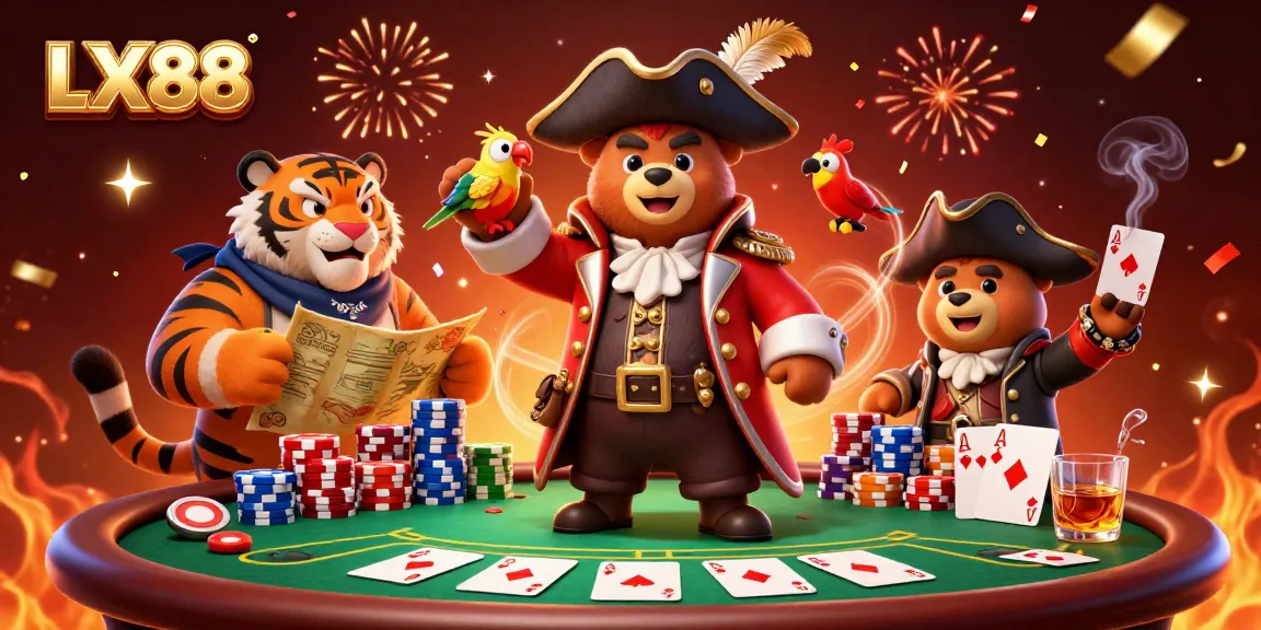 Join the excitement at LX88 as a pirate captain bear and fierce tiger ace strategize at a poker table.