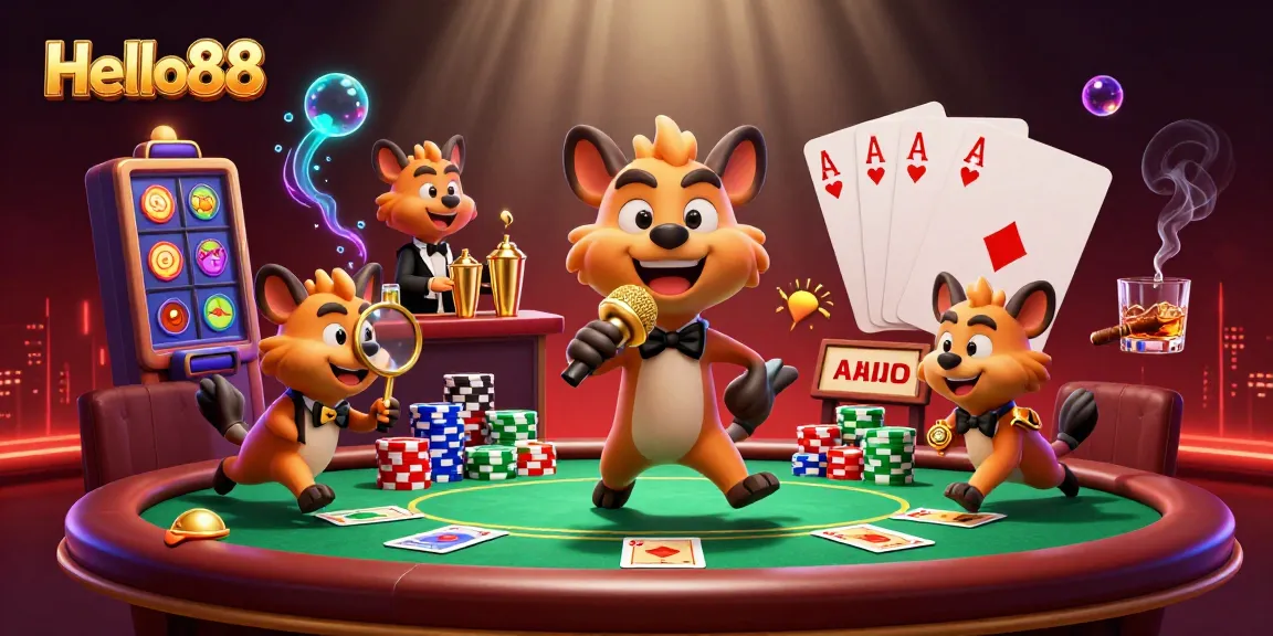 Experience the vibrant world of Hello88 casino with hyenas in a dynamic comedy club scene full of gaming excitement.