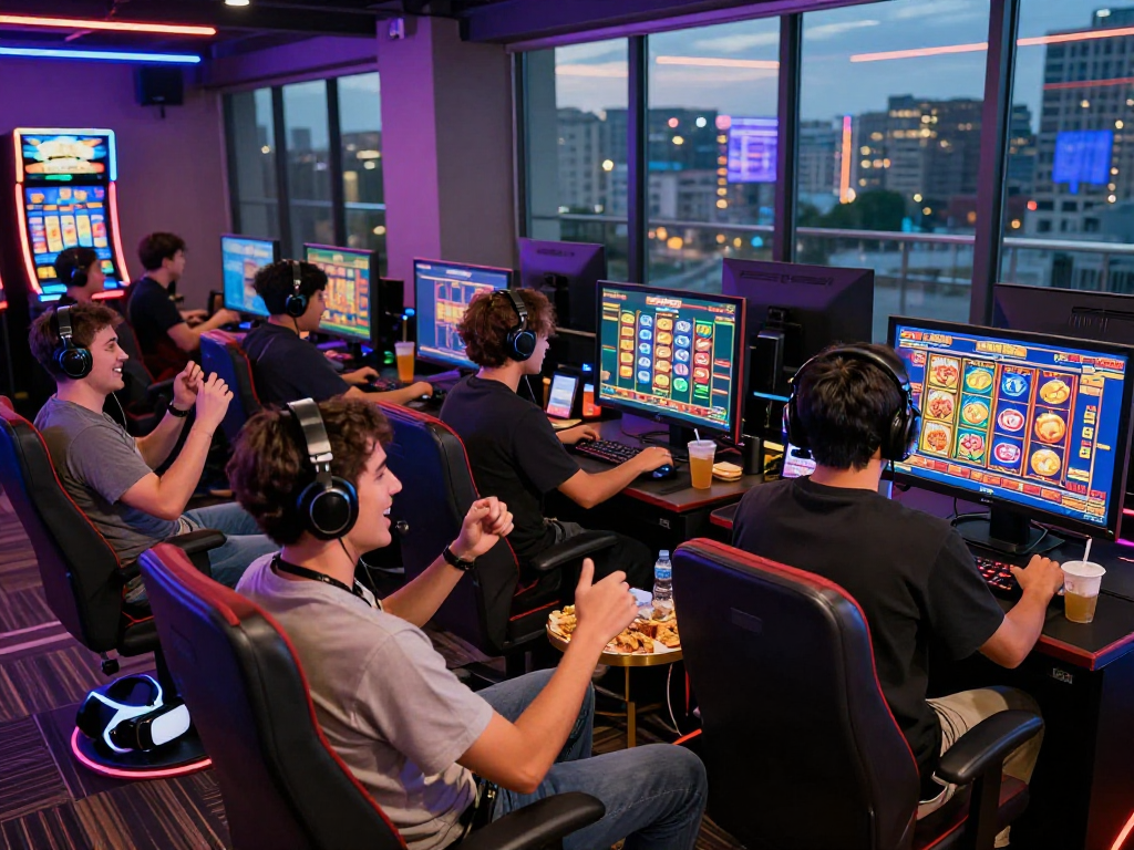 Excited players enjoying slot gacor games in a vibrant online gambling environment.
