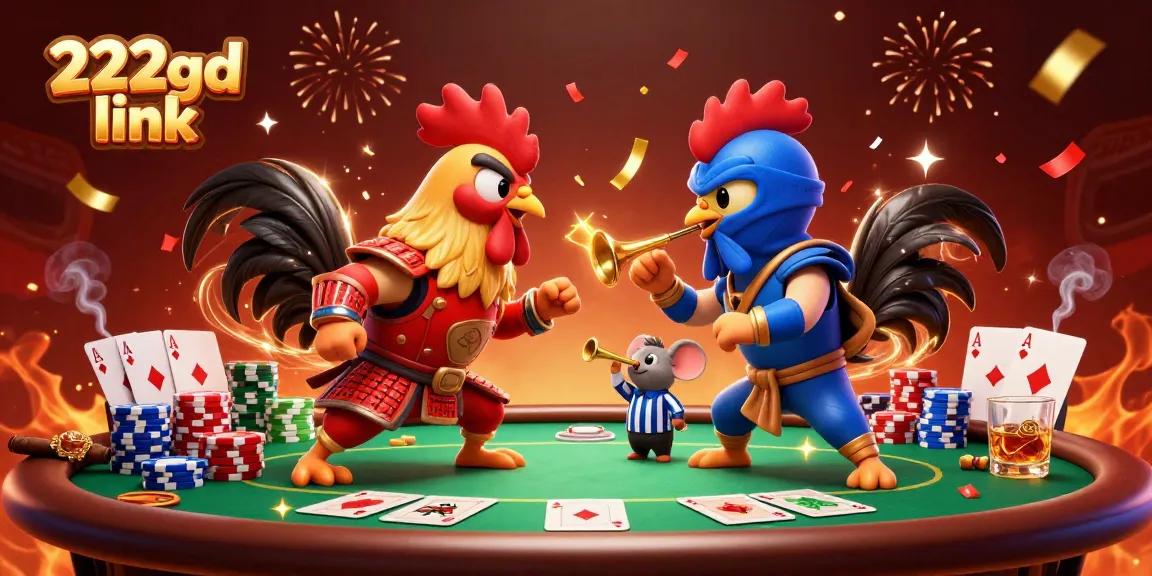 Experience the thrill of 222bd link showcased in a dramatic standoff between samurai and ninja roosters amid casino elements.