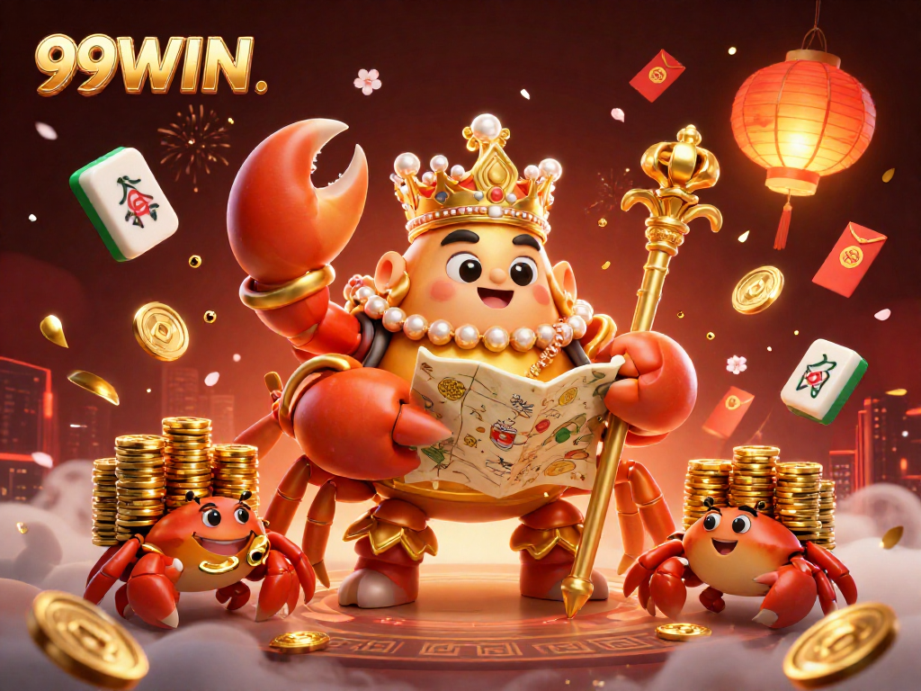 Experience thrilling adventures at 99WIN with our majestic golden crab emperor surrounded by vibrant casino elements.