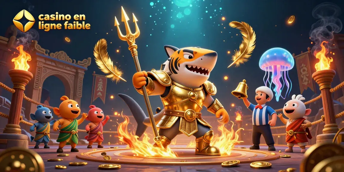Vivez l'excitation du jeu avec ce casino en ligne fiable, illustré par un requin tigre en armure d'or et ses symboles de victoire.