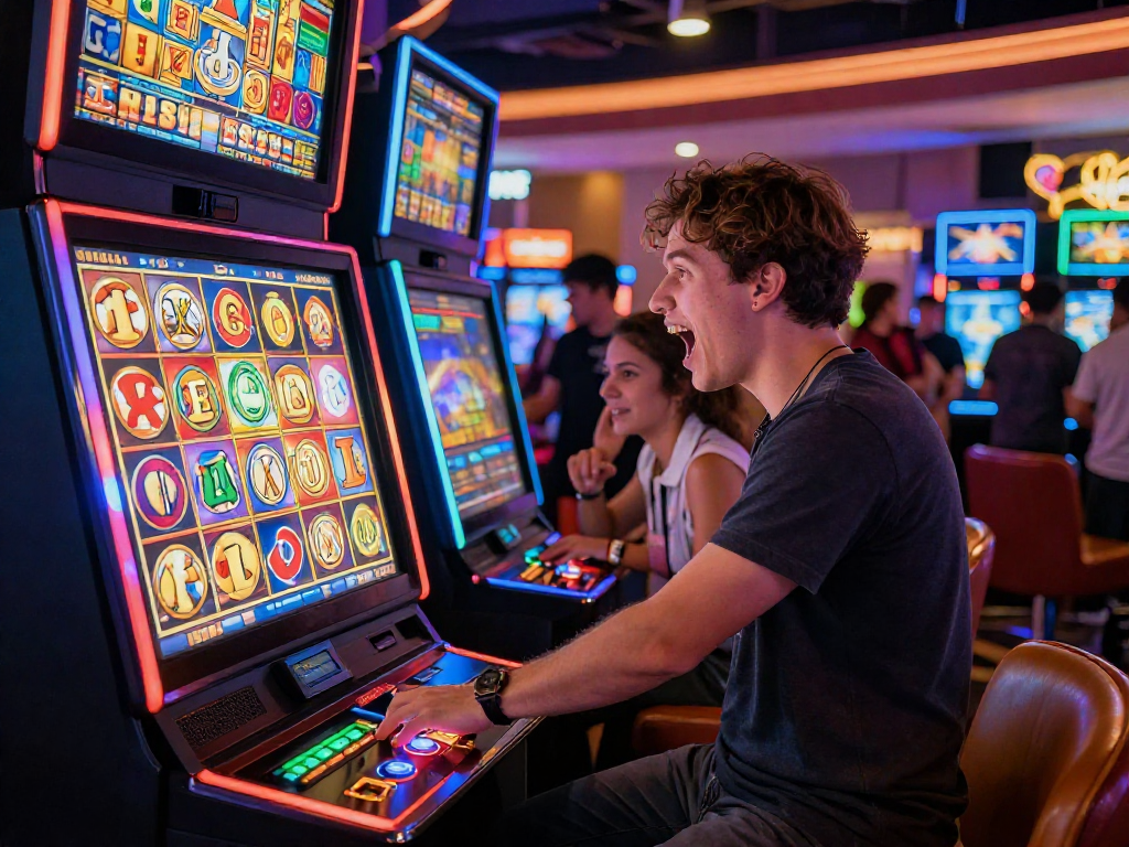 Excited player at a slot machine aiming for a big jackpot in a vibrant casino.