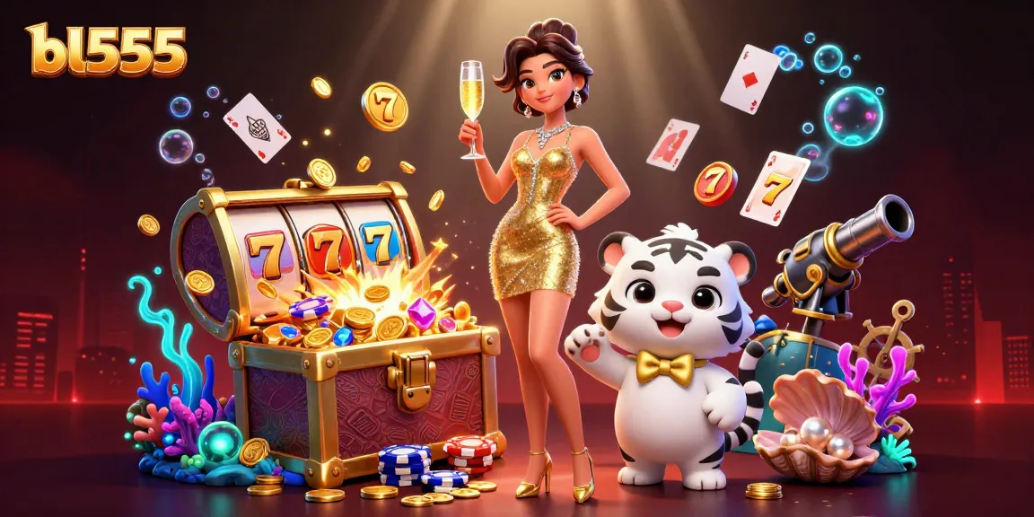 Play the exciting slots at bl555 with a glamorous woman and a lucky tiger cub amidst gold coins and vibrant casino elements.