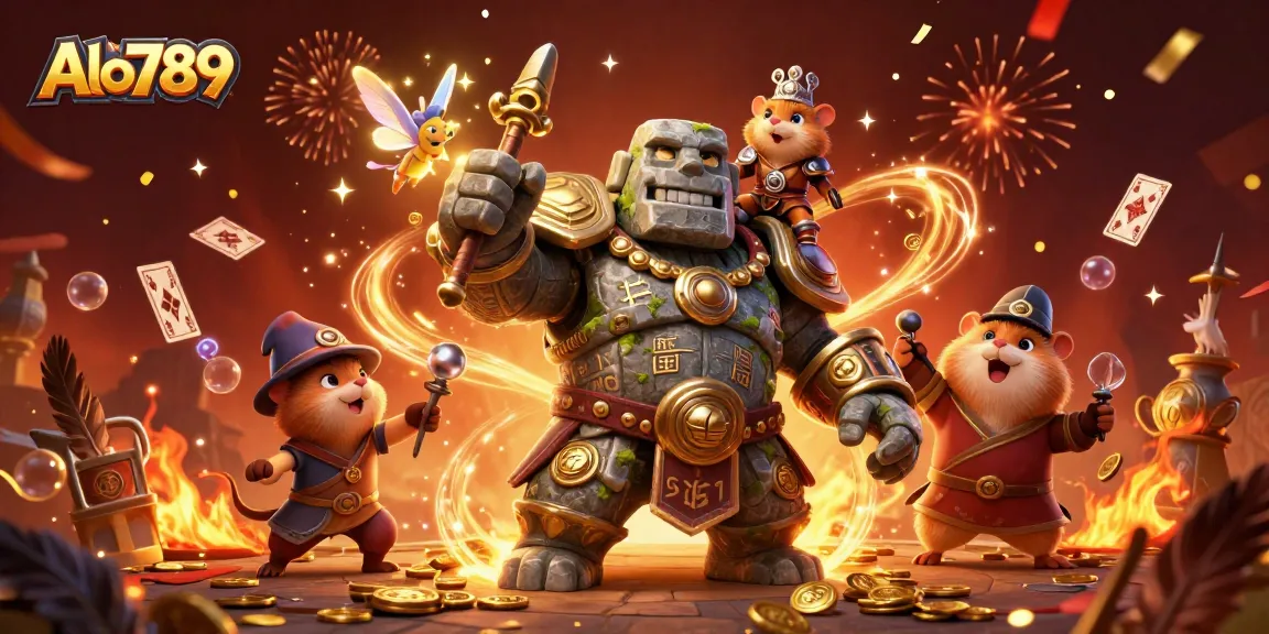 Alo789 engages players with a vibrant illustration of a golem and knight in a lively cockfighting scene.