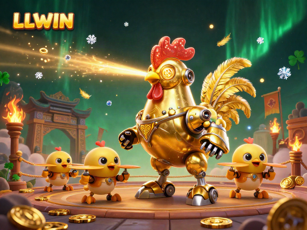 Experience thrilling gameplay at LLWIN with vibrant casino elements, golden tokens, and robotic characters.