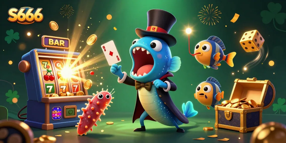S666 brings excitement with dynamic casino action, featuring vibrant characters and jackpot elements in a magical scene.
