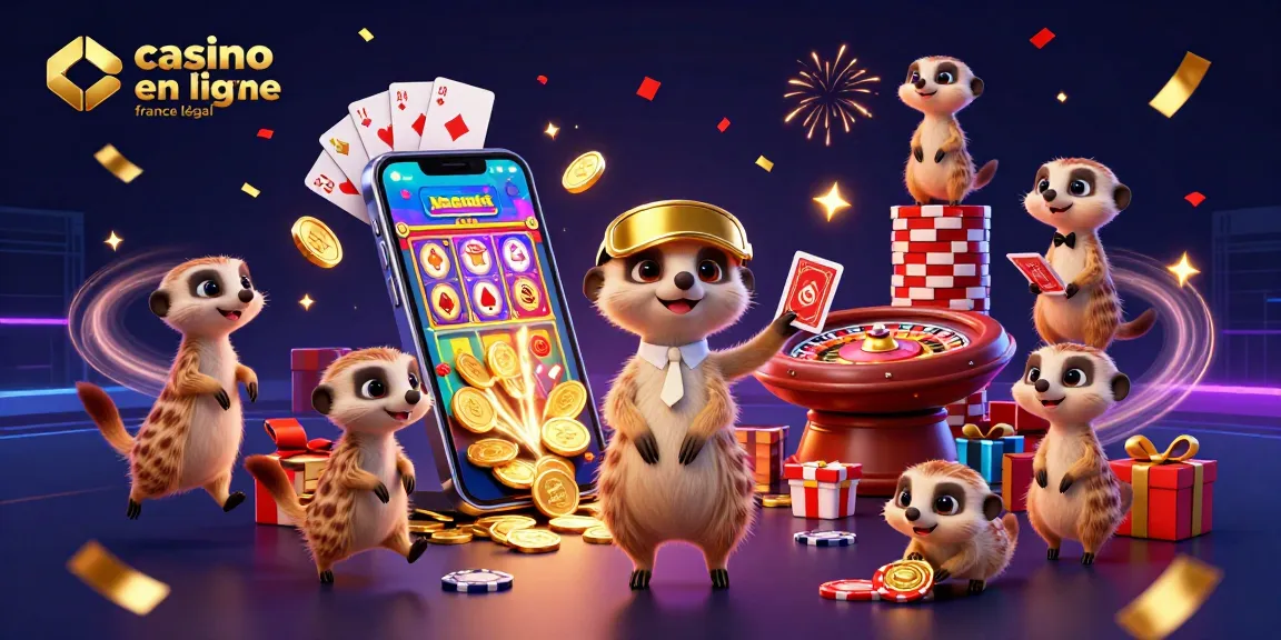 Casino en ligne légal en France : mangoustes animées gérant un casino avec des smartphones et des jetons.