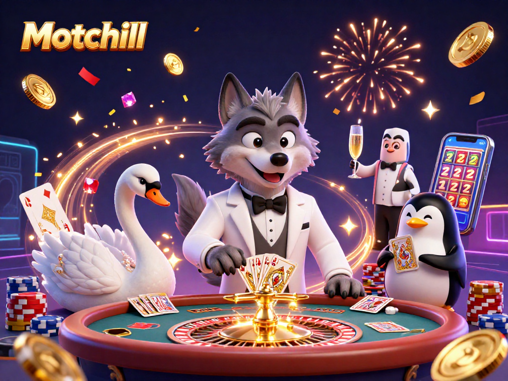 Experience thrilling moments at Motchill with a luxurious casino scene featuring playful characters.