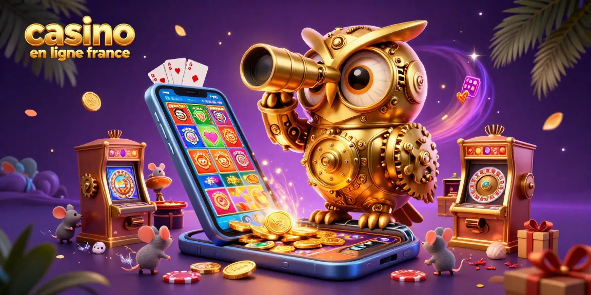 Jouez sur un casino en ligne France, découvrez une illustration dynamique de l'univers des jeux avec une chouette et des souris.