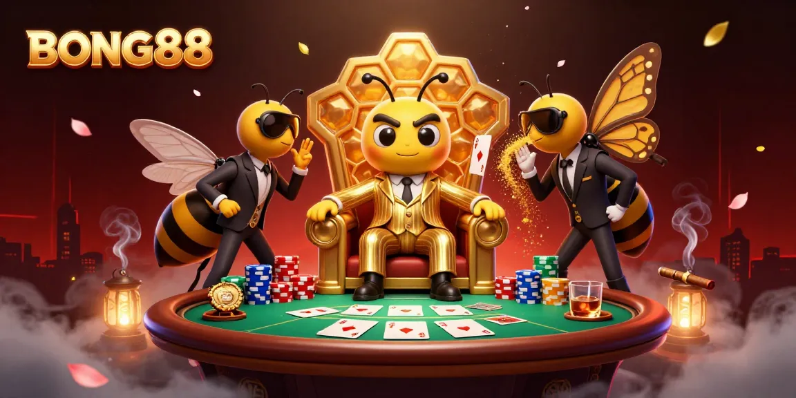 BONG88 showcases a dynamic 3D scene with a bumblebee mob boss and poker elements for an online casino.