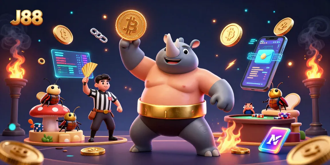 Win big with J88 in a vibrant casino scene featuring beetle champions and crypto elements