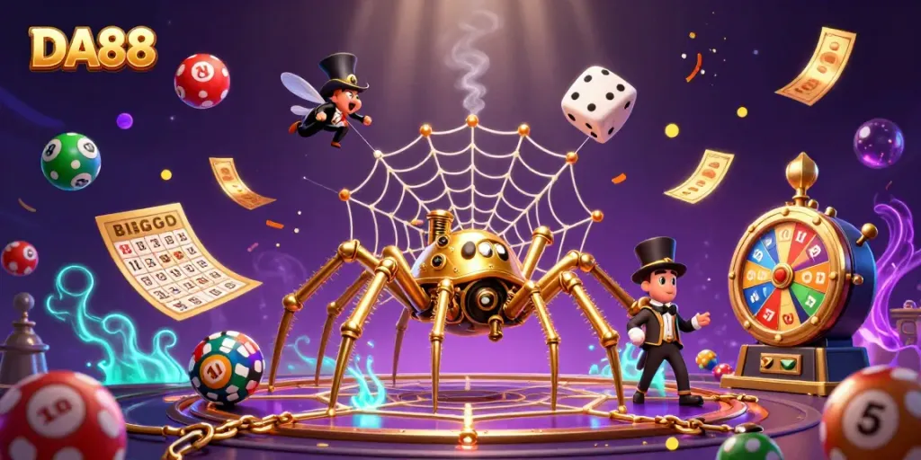 Engage with DA88's exciting gaming experience, featuring dynamic lottery balls and a captivating casino scene.