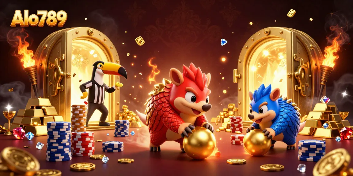 Alo789 pangolins bowling through chips in a vibrant casino scene with golden treasures and dynamic effects.