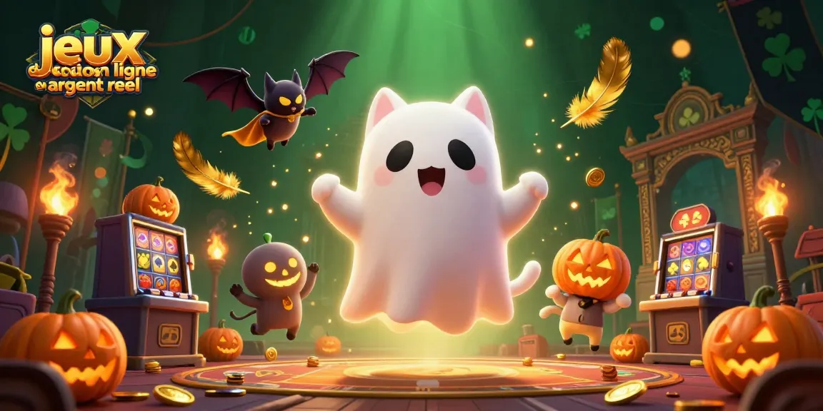 Jouer à des jeux de casino en ligne argent réel avec un chat fantôme et une chauve-souris dans une scène interactive.