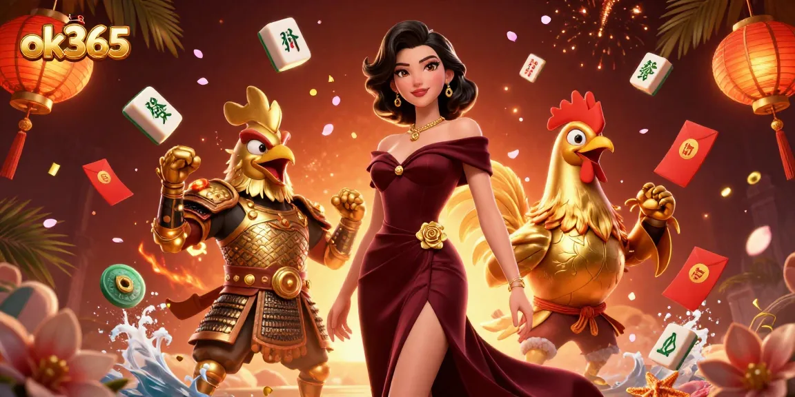 Experience thrilling gaming action at ok365 with a glamorous woman and a golden rooster warrior amidst vibrant casino elements.