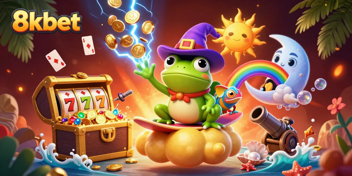 Experience the thrill of 8kbet with shiny slot machines and magical creatures in a dynamic casino scene.