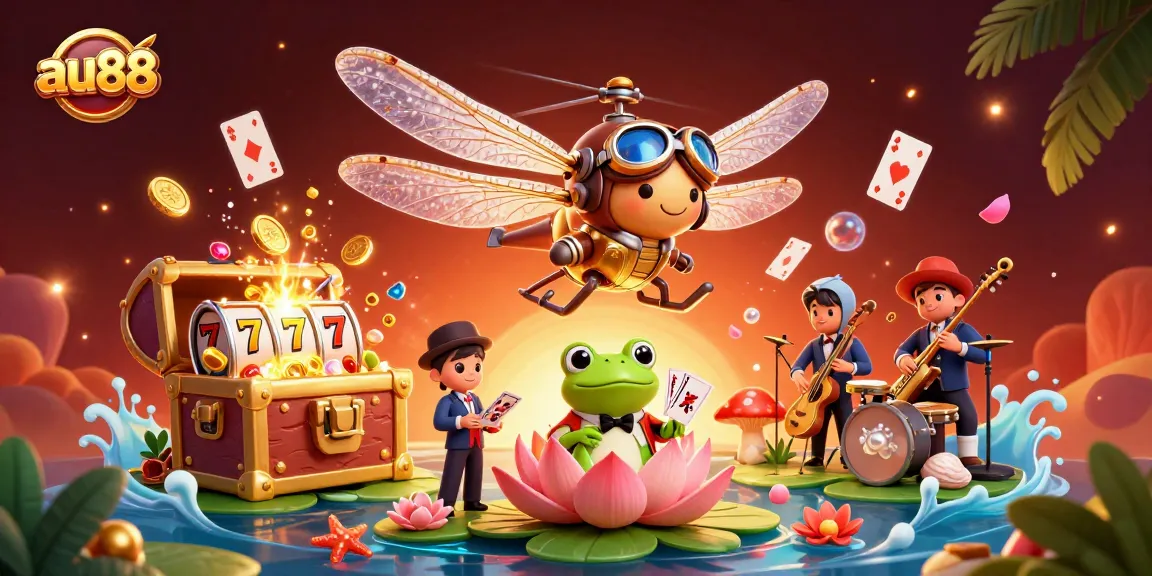 Experience vibrant gaming action at au88 with a dragonfly pilot, frog croupier, and musical crickets.
