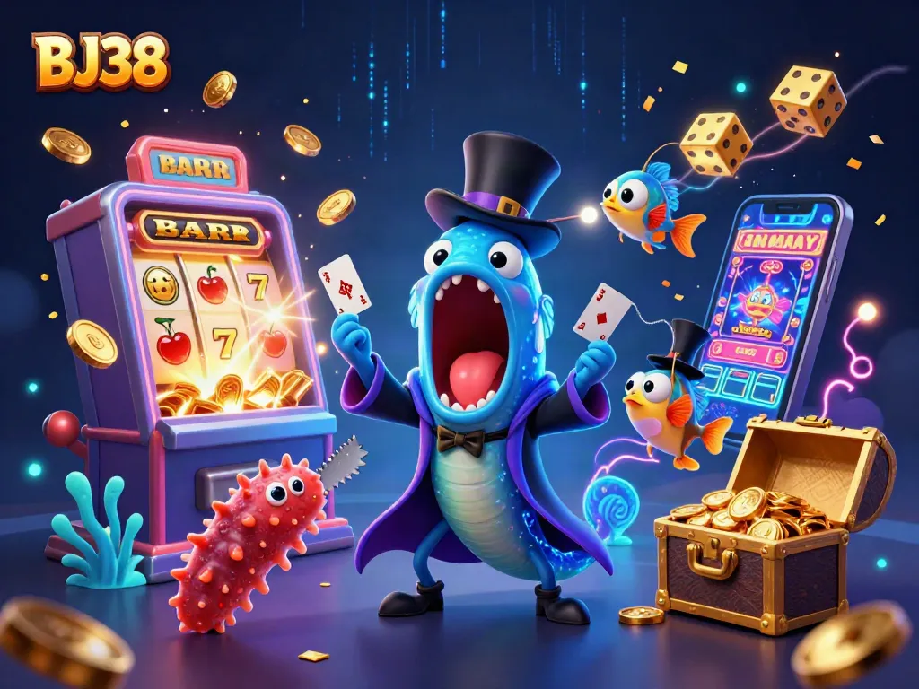 Engage with BJ38's vibrant 3D casino art showcasing slot machines, card tricks, and enchanting sea creatures.