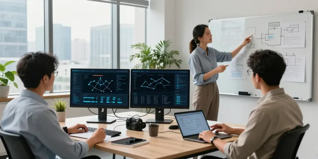 Team collaborating on Enterprise AI models in a modern tech office.