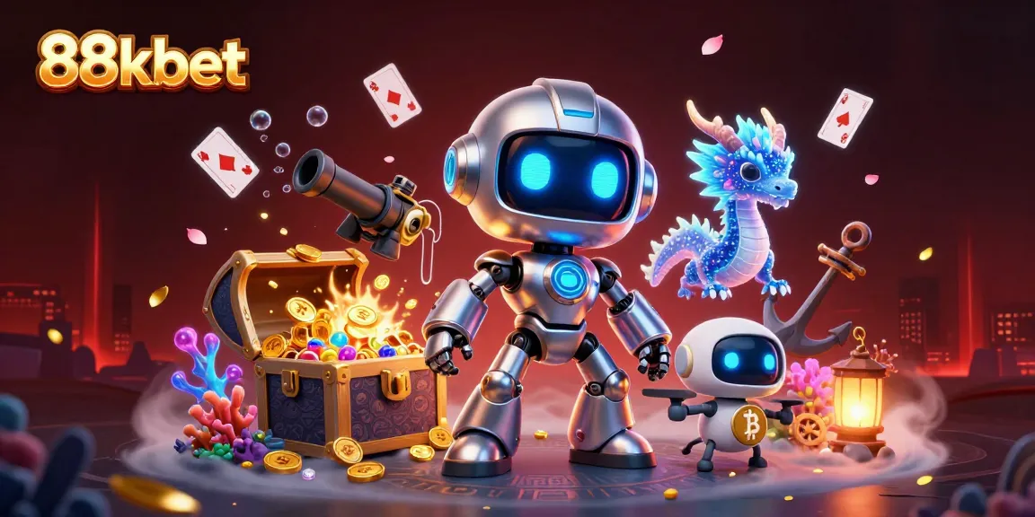Engage with 88kbet's thrilling casino adventures featuring a cyberpunk robot and a holographic dragon.