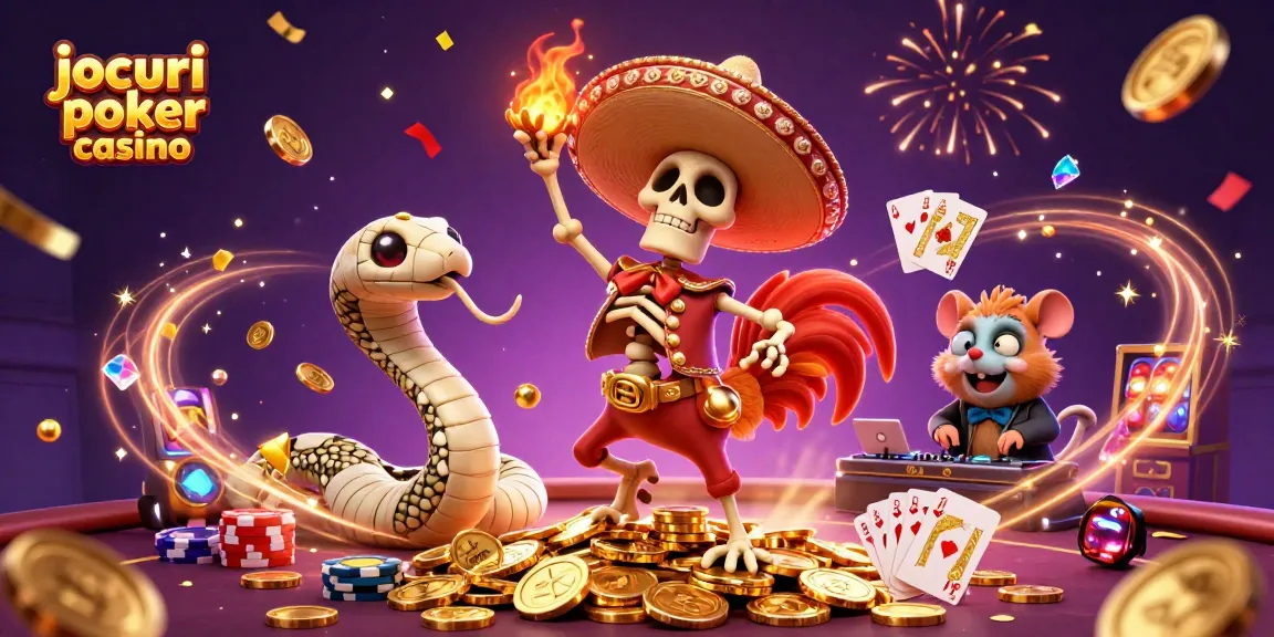 Joacă jocuri poker casino cu un schelet mariachi pe un munte de monede de aur și cărți de joc.