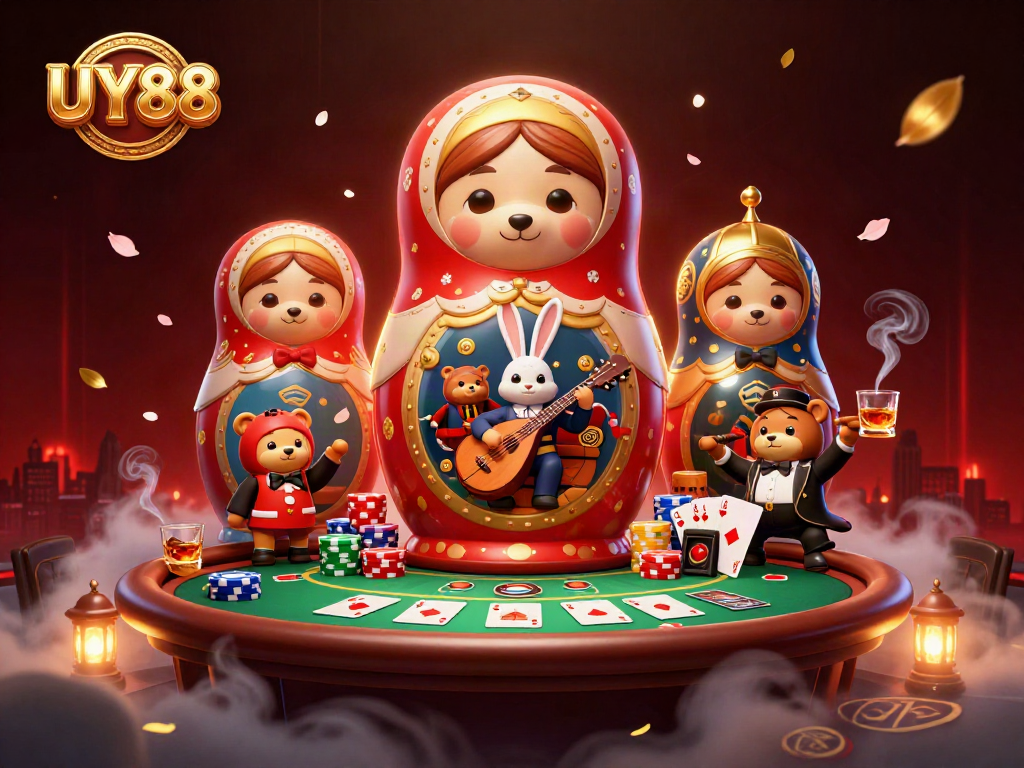 Experience UY88's dynamic casino scene with playful characters, poker elements, and festive atmosphere.