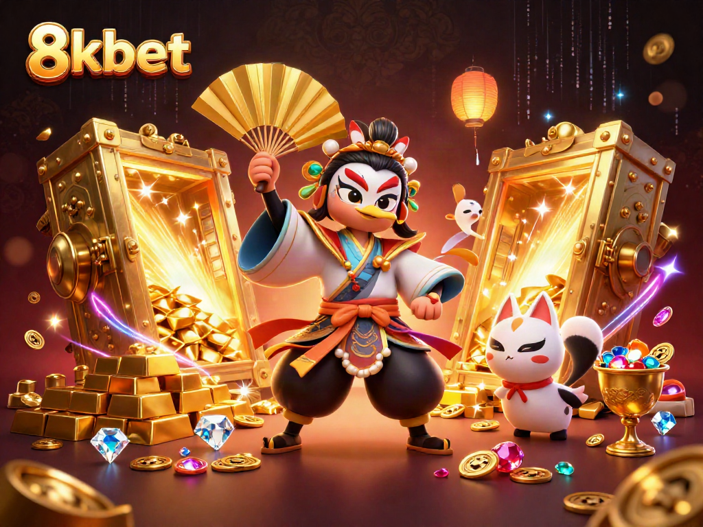 Join the excitement at 8kbet with an ultra-detailed illustration of kabuki warriors and treasures.