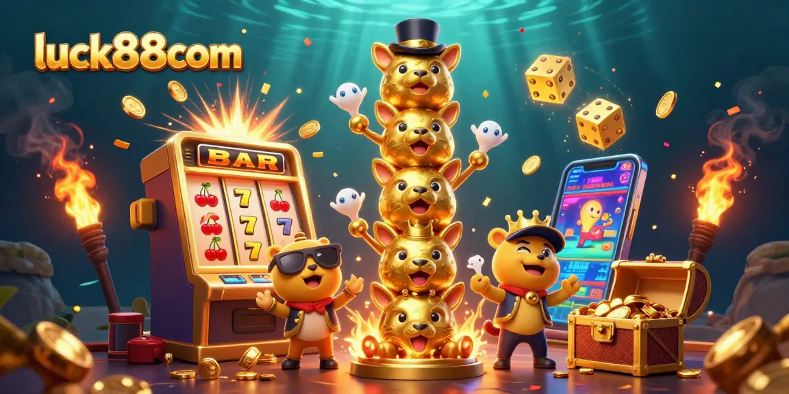 Experience the excitement of luck88com with vibrant casino-themed 3D illustrations of slots and games.
