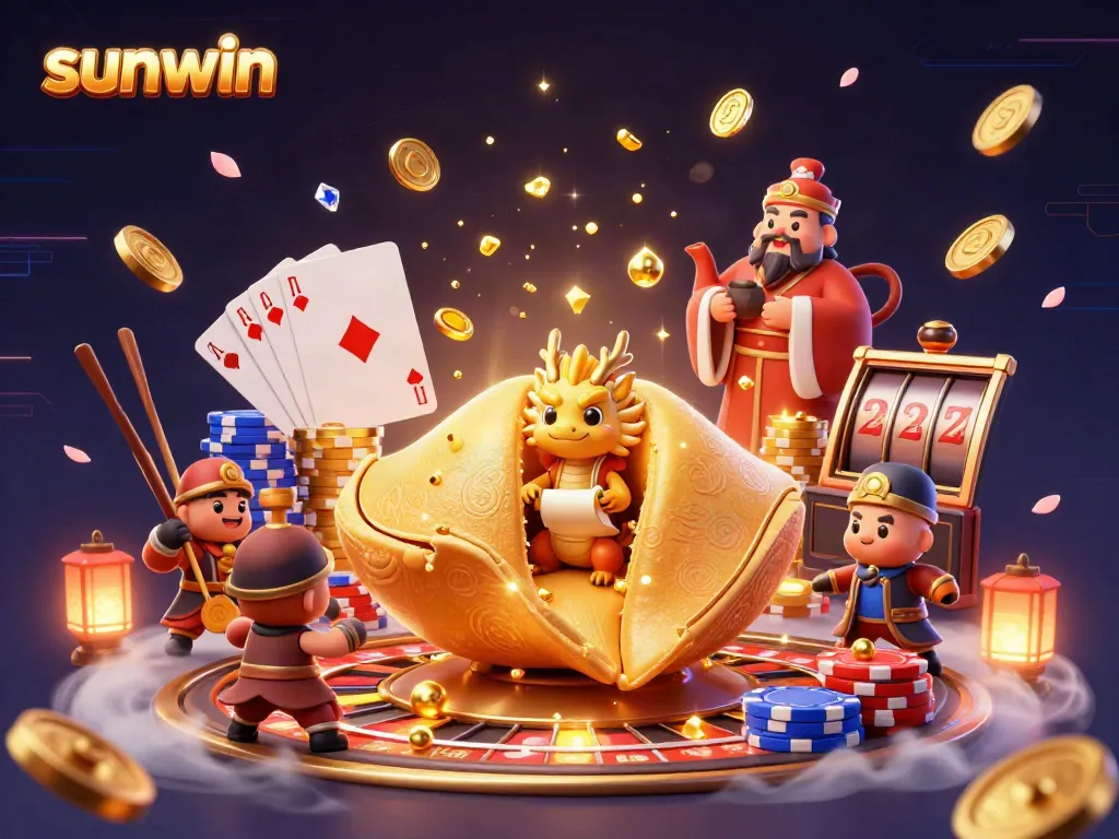 Experience sunwin's vibrant casino world with a giant fortune cookie, a wise dragon, and dynamic gaming elements.